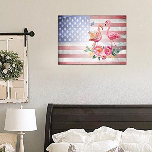 Wooden Fourth of July Flag Flamingo Wall Decor Sign
