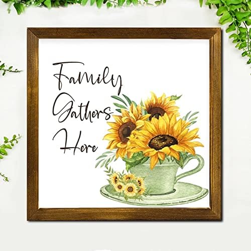 Family Gathers Here Framed Wooden Sign 12x12 Inch