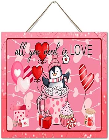 Autravelco Cute Penguin Valentines Day Wooden Sign