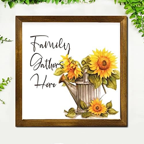Family Gathers Here Framed Wood Sign 12x12 Inch