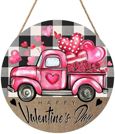 Valentines Day Door Sign with Pink Truck Hearts 12x12 Wood Hanger