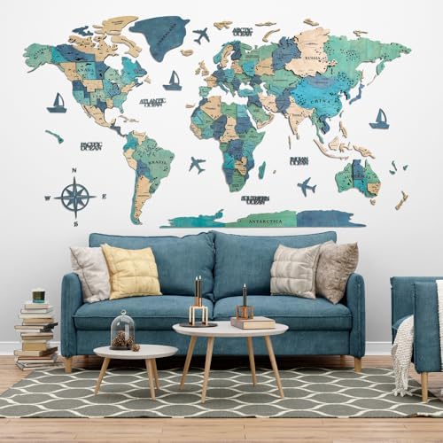3D Wooden World Map Wall Art Decor Green XL