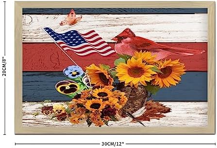 4th of July Patriotic Sunflower Cardinal Framed Wooden Sign 8x12in