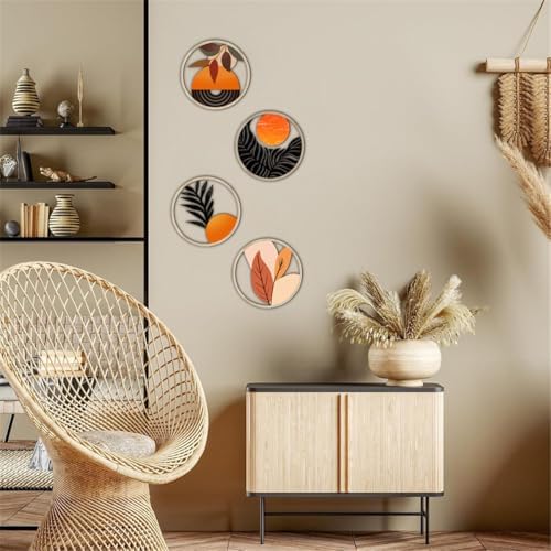 Boho Wall Art Decor 4PCS Round Wooden Sculptures Orange