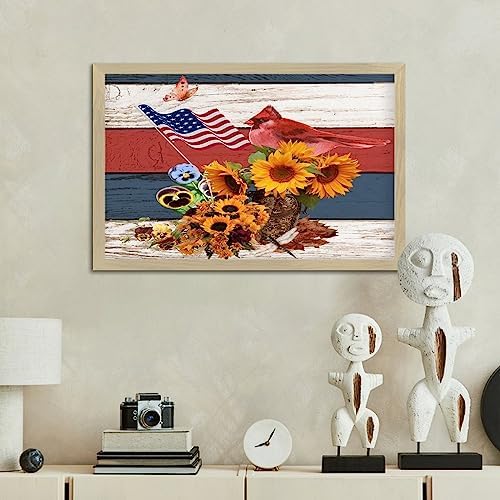 4th of July Patriotic Sunflower Cardinal Framed Wooden Sign 8x12in
