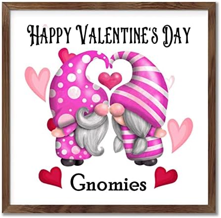Happy Valentines Day Cute Gnomies with Heart Wood Framed Sign Wall Art