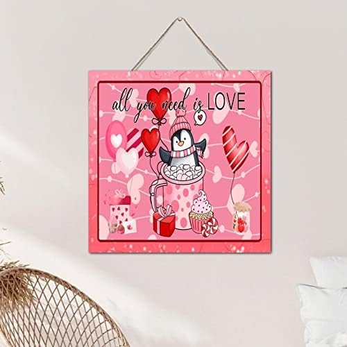 Autravelco Cute Penguin Valentines Day Wooden Sign