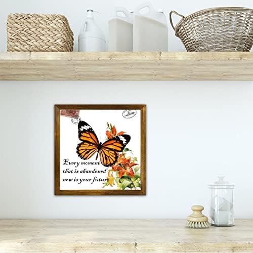 Orange Butterfly Framed Wood Wall Sign 12x12in