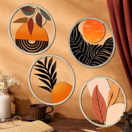 Boho Wall Art Decor 4PCS Round Wooden Sculptures Orange