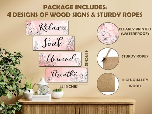 4 Piece Pink Wooden Wall Sign With Rope Decor
