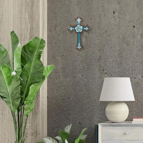 BestGiftEver Decorative Blue Wall Cross with Floral Center
