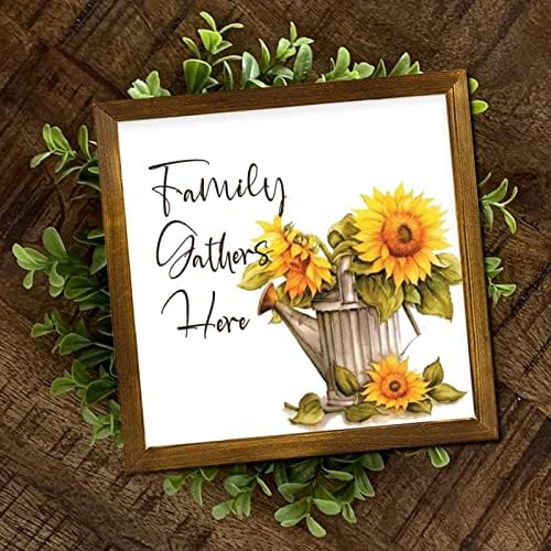 Family Gathers Here Framed Wood Sign 12x12 Inch