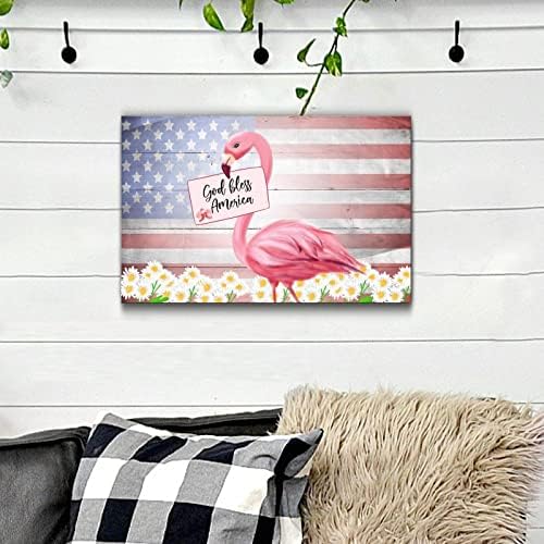 Patriotic Wooden Plaque with America Flag and Pink Flamingo Design