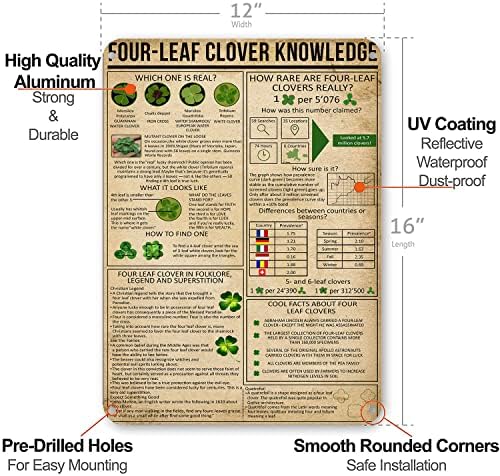 Four Leaf Clover Knowledge Metal Wall Sign 16x12 Inches
