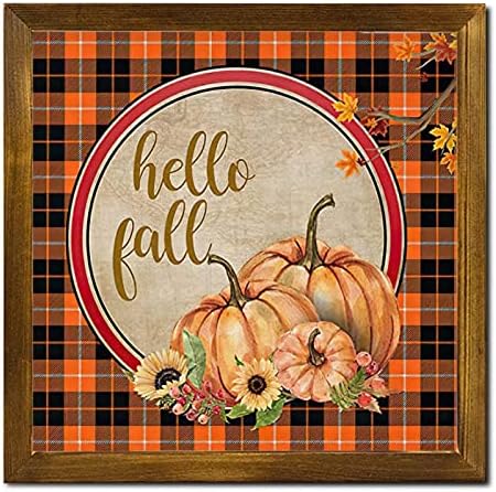 Hello Fall Buffalo Plaid Pumpkin Framed Wood Sign 12x12