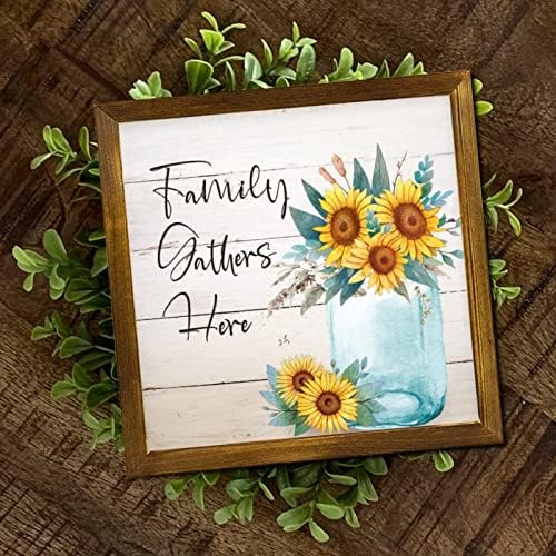 Family Gathers Here 12x12 Inch Farmhouse Wooden Wall Sign