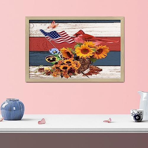 4th of July Patriotic Sunflower Cardinal Framed Wooden Sign 8x12in