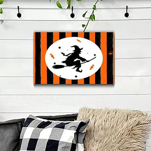 Happy Halloween Wood Plaque with Orange Black Pumpkins and Cat Witch
