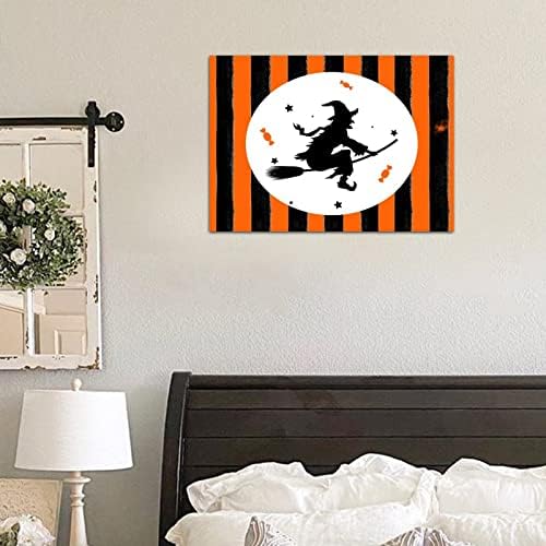 Happy Halloween Wood Plaque with Orange Black Pumpkins and Cat Witch
