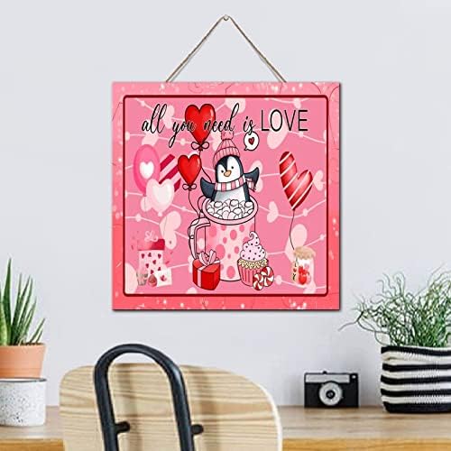 Autravelco Cute Penguin Valentines Day Wooden Sign