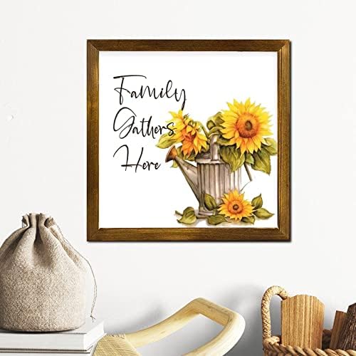 Family Gathers Here Framed Wood Sign 12x12 Inch