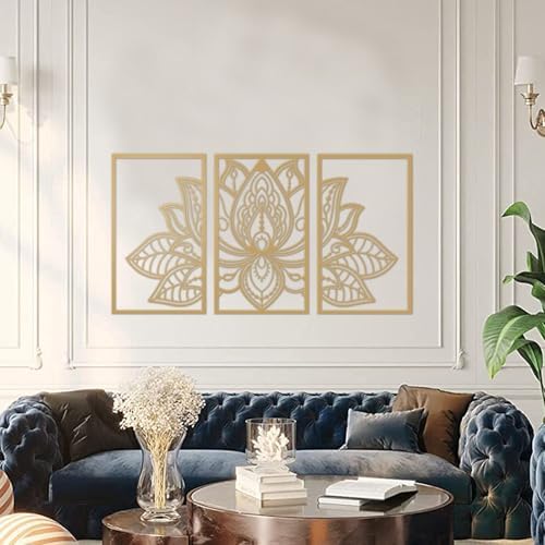 ESTART 3 Pcs Lotus Flower Metal Wall Art Decor Gold