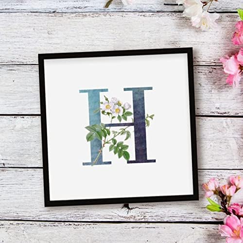 White Flower Dark Green Ink Initial H Wood Framed Sign