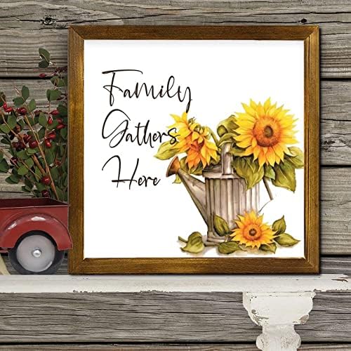 Family Gathers Here Framed Wood Sign 12x12 Inch