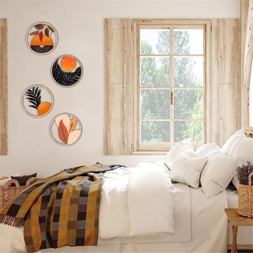 Boho Wall Art Decor 4PCS Round Wooden Sculptures Orange