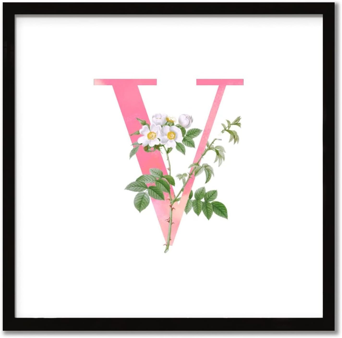 White Flower Pink Letter V Black Framed Wood Wall Sign