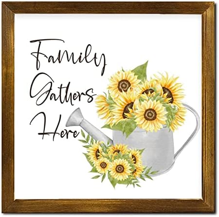 Family Gathers Here Framed Wood Sign 12x12 Inch 1
