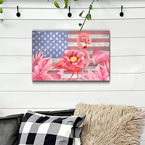 Pink Flamingo Flower 4th of July Wooden Sign