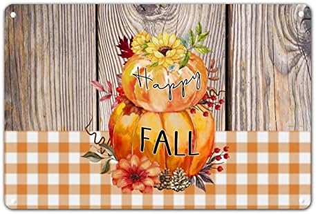 Happy Fall Sign with Pumpkin Sunflower Berries Metal Wall Art