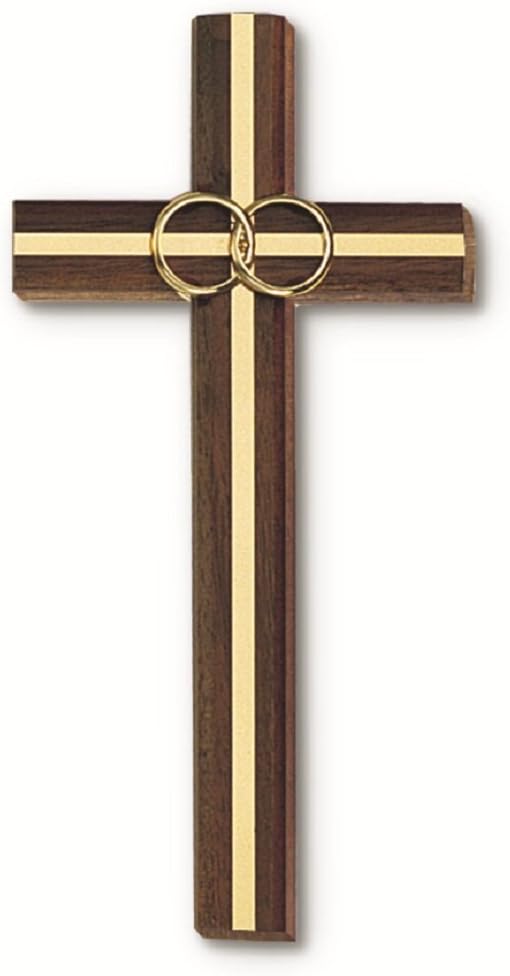 Wedding Wood Wall Cross with Gold Inlay and Two Rings in Gift Box