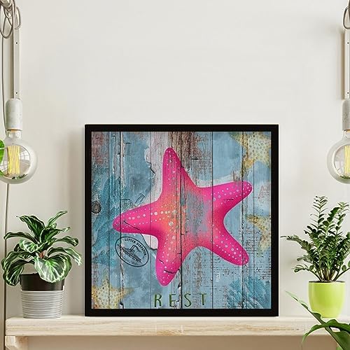 Hanging Wood Framed Wall Decor Sign Starfish Nautical Theme