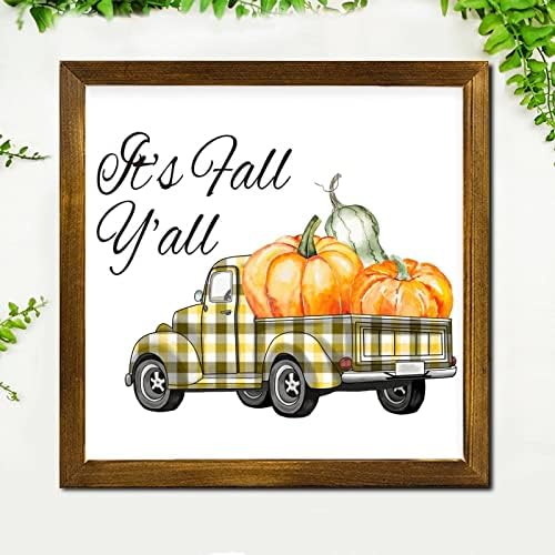 Fall-Themed Yellow Plaid Pumpkin Truck Wooden Wall Sign