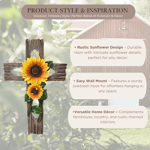 BestGiftEver Rustic Faux Wood Wall Cross with Sunflower Design