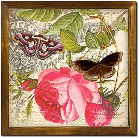 French Brown Butterfly Rose Wooden Framed Wall Sign 12x12 Inch