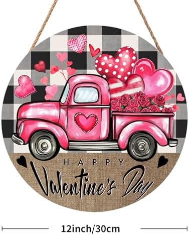 Valentines Day Door Sign with Pink Truck Hearts 12x12 Wood Hanger
