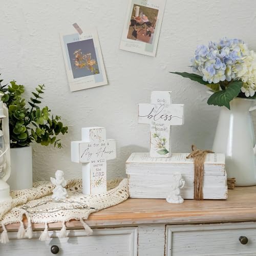 Wooden Wall Cross Set of 2 Distressed Whitewashed Christian Decor
