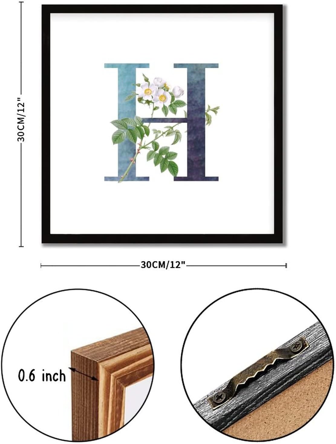 White Flower Dark Green Ink Initial H Wood Framed Sign
