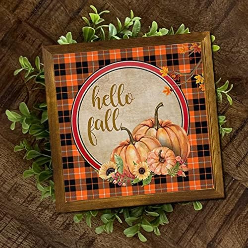 Hello Fall Buffalo Plaid Pumpkin Framed Wood Sign 12x12