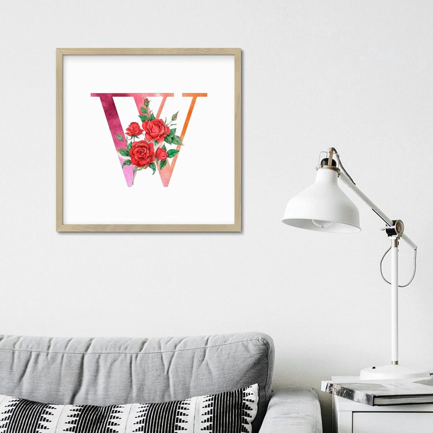 Red Monogram Initial Letter W Framed Wall Art Sign 12x12in