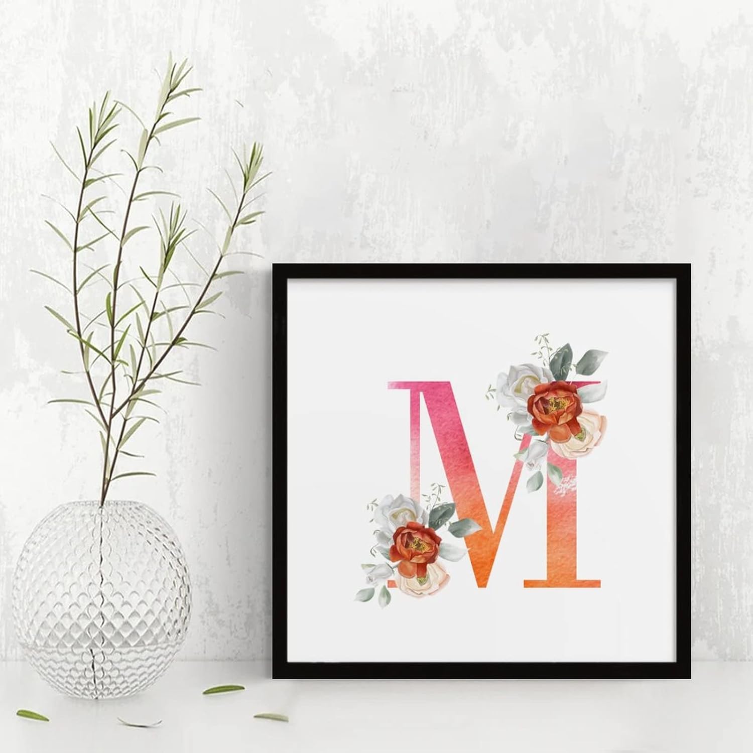 Orange Pink Letter Initial M Monogram Rose Framed Wood Sign 12x12 Inch