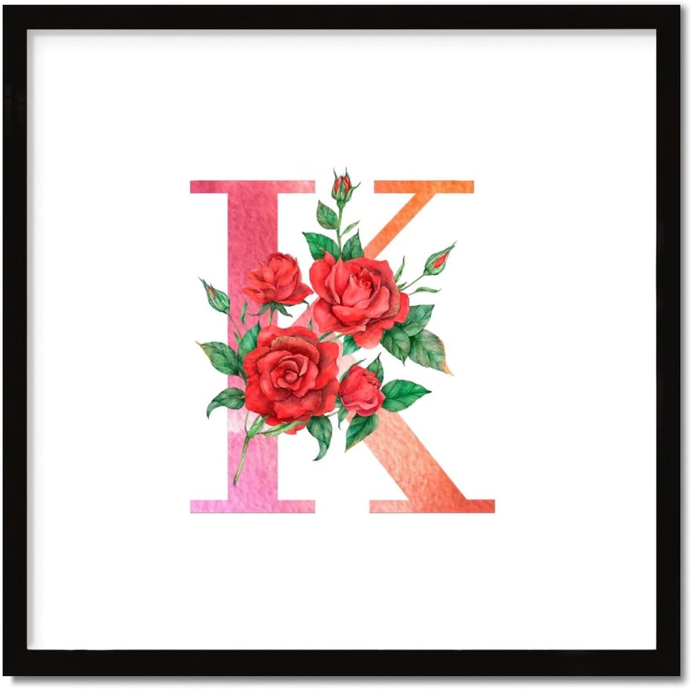 Red Floral Monogram Letter K Framed Wood Sign 12x12 Inch 1