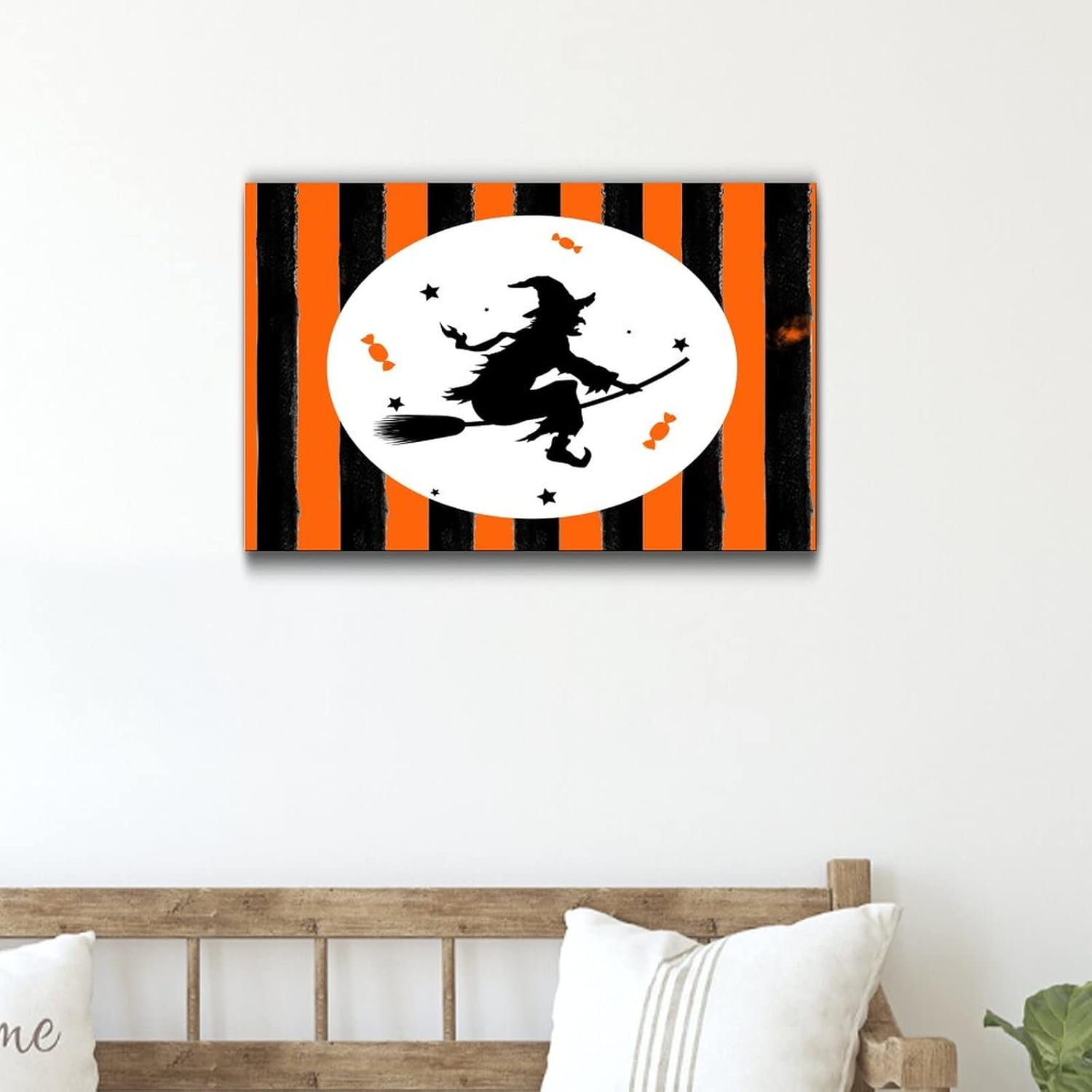 Happy Halloween Wood Plaque with Orange Black Pumpkins and Cat Witch