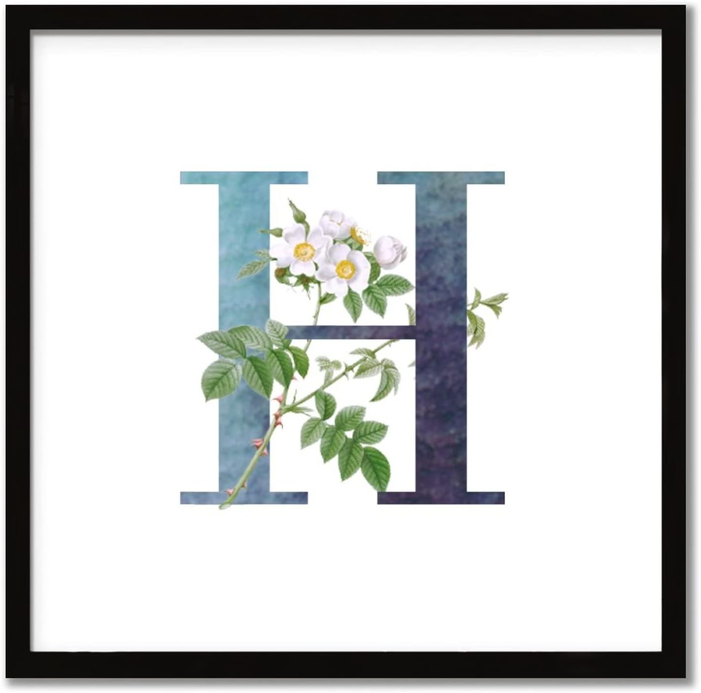 White Flower Dark Green Ink Initial H Wood Framed Sign