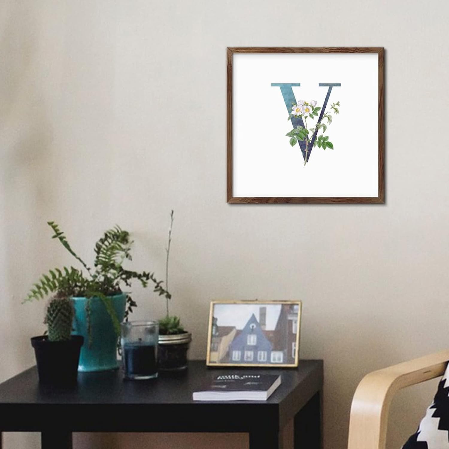 Farmhouse Framed Wooden Sign with V Blue Green Monogram