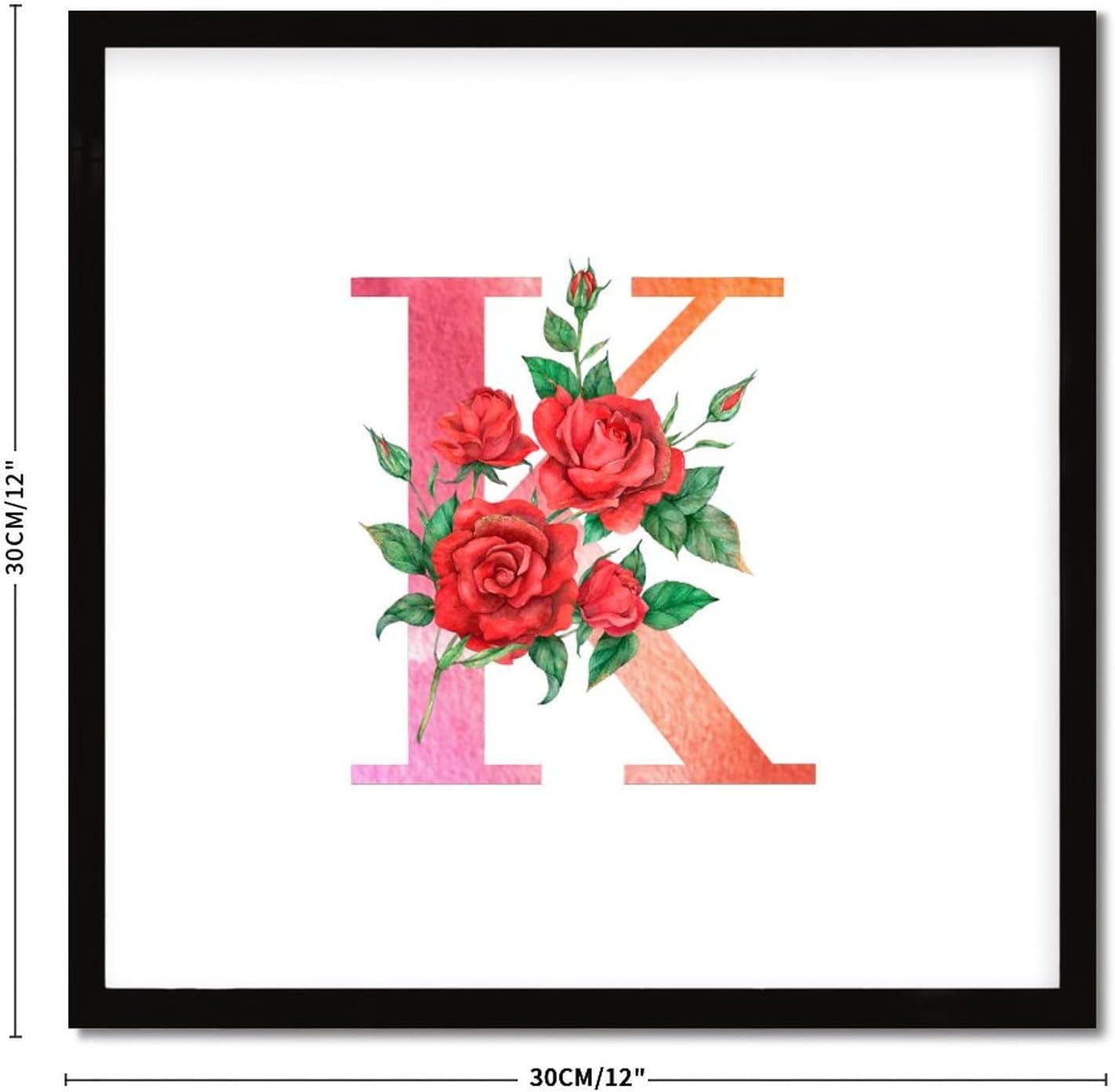 Red Floral Monogram Letter K Framed Wood Sign 12x12 Inch 1