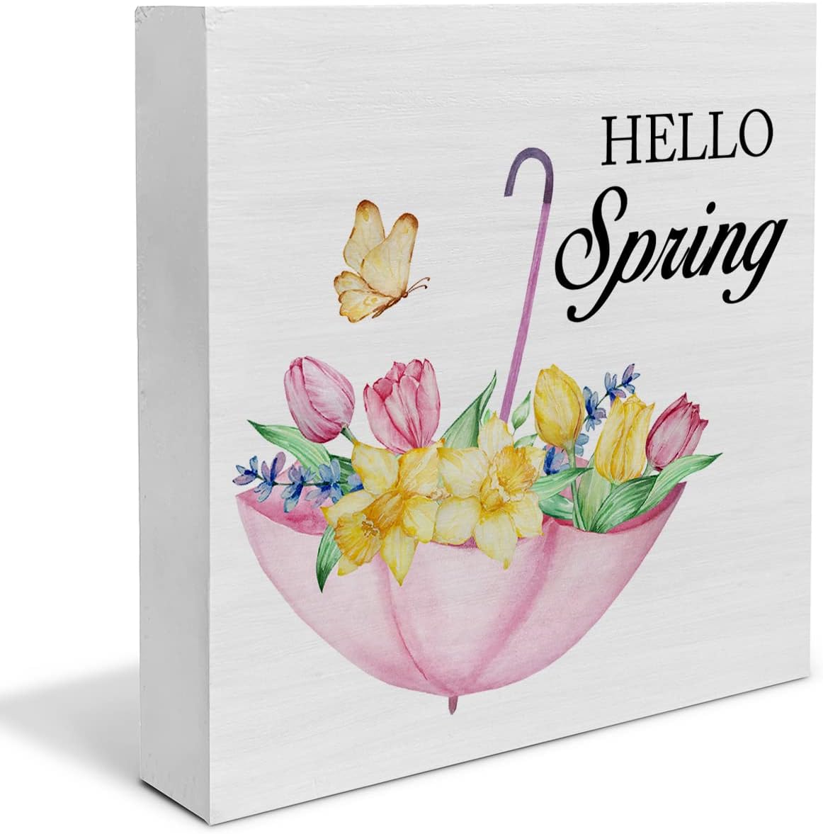 Country Farmhouse Hello Spring Flowers Wood Box Sign Decor